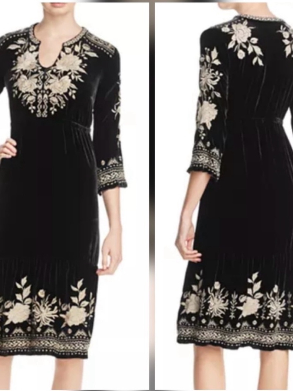 Johnny Was Black Magdalene Velvet Prairie Dress with Cream Floral Embroidery